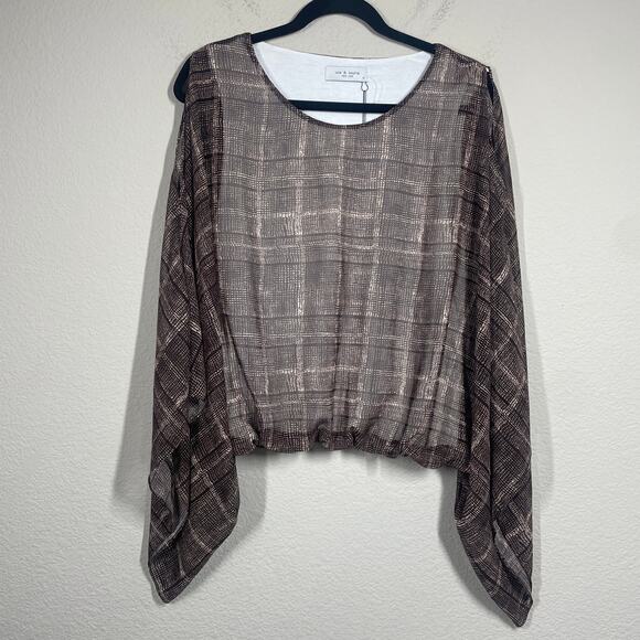 Lola & Sophie New York Medium Plaid Dolman Top Brown Cold Shoulder Crew Neck - Picture 1 of 8